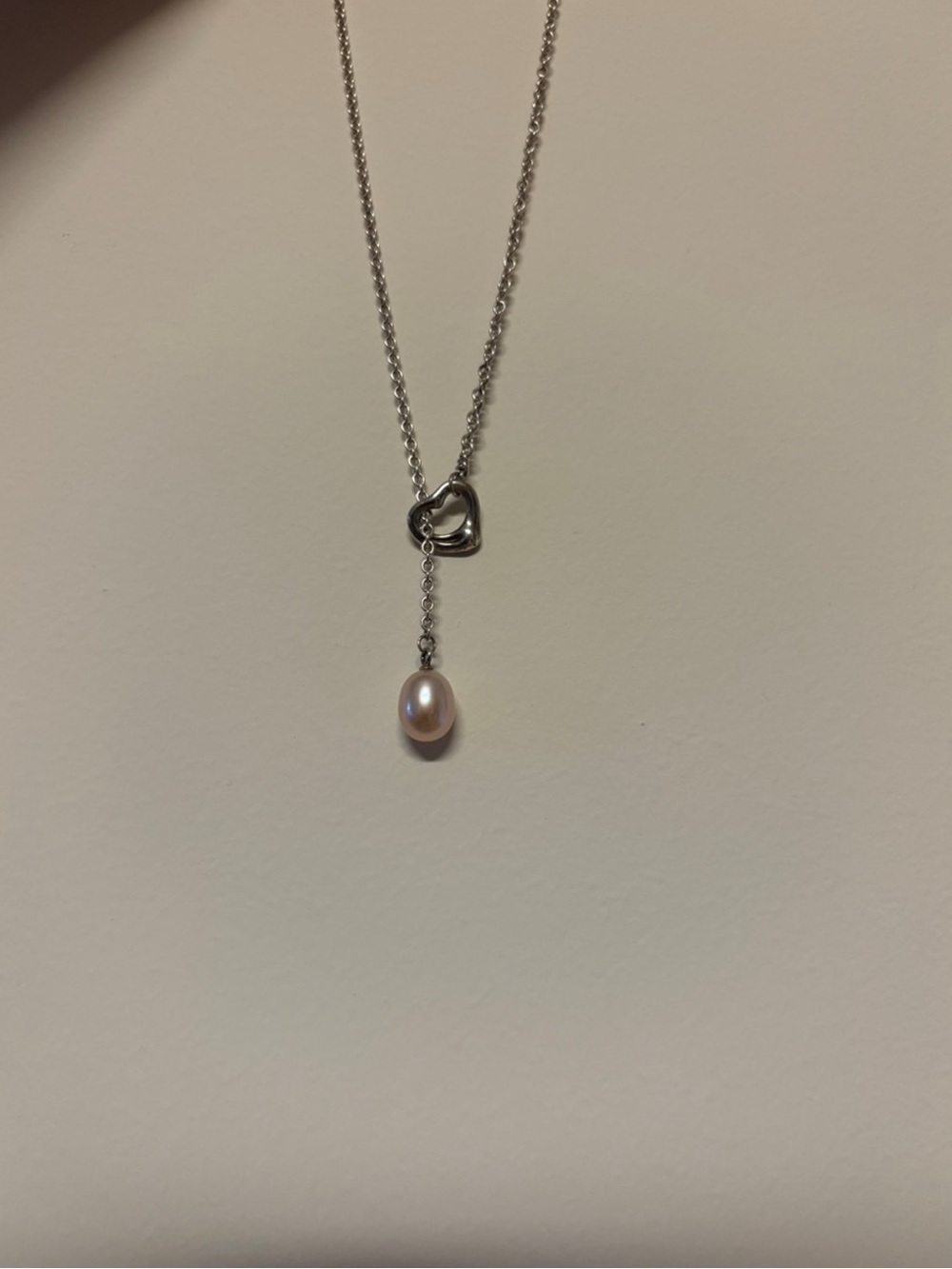 Tiffany & Co. Silver Heart Lariat Necklace with Light Pink Pearl